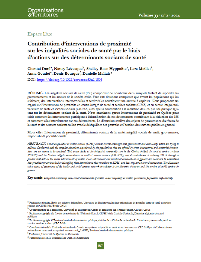 Contribution d’interventions de proximité sur les inégalités sociales de santé par le biais d’actions sur des déterminants sociaux de santé